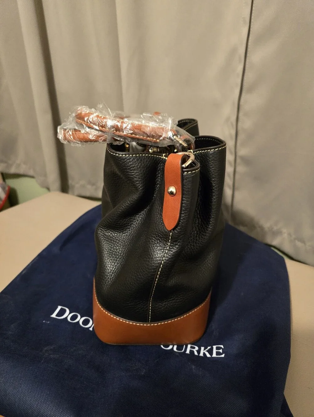 Dooney & Bourke Black & Tan Pebble Leather Shoulder Tote with Wristlet